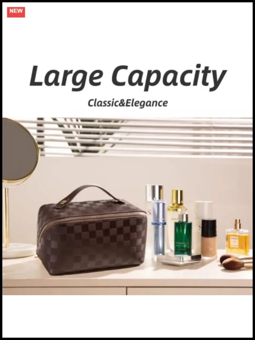 Large Capacity Checkered PU Leather Travel Makeup Organizer Toiletry Bag